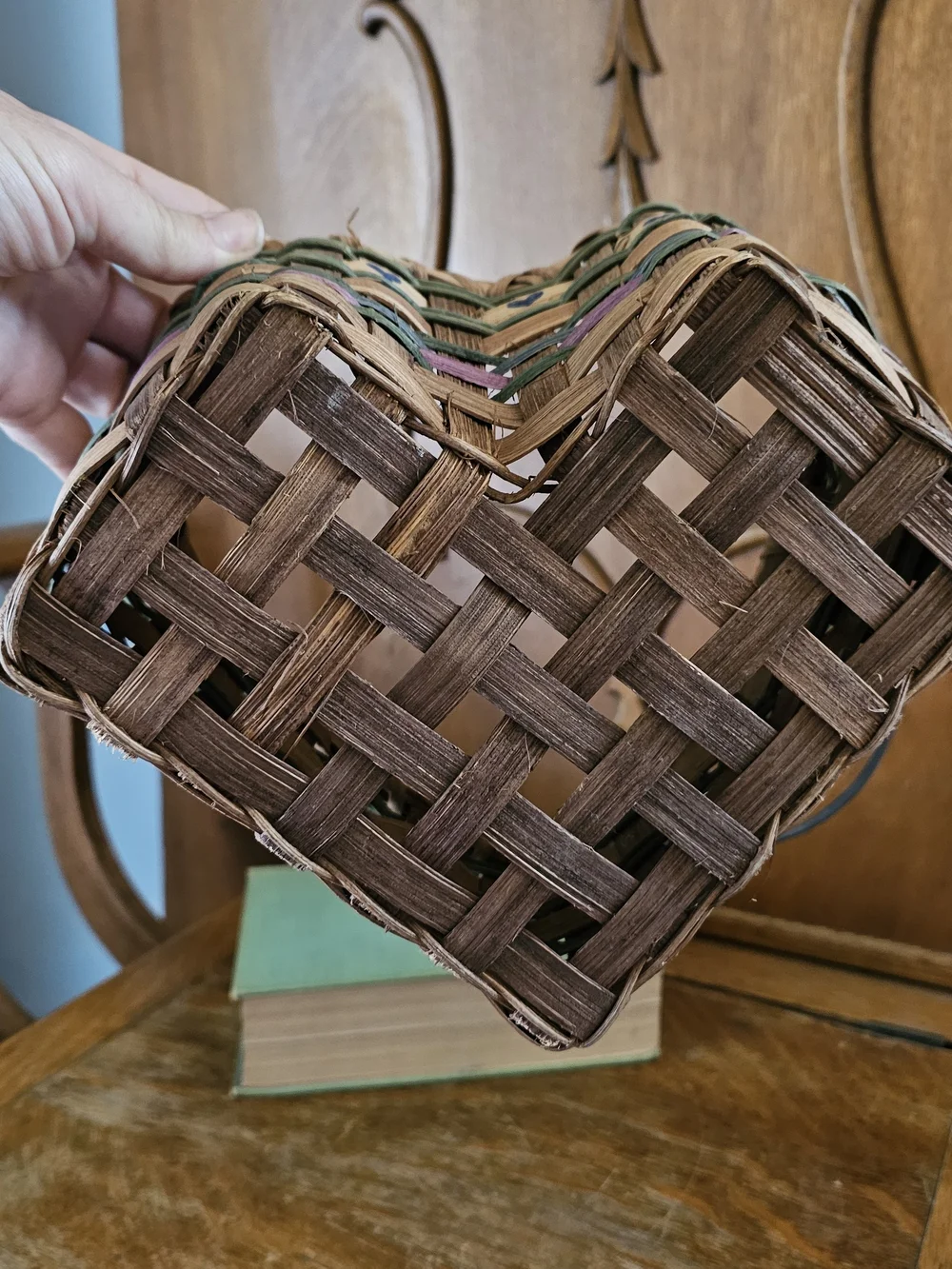 Vintage Folk Art Woven Basket Blue Hearts Wood Handle Cottage Decor